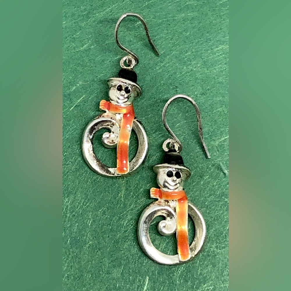 Vintage Snowman Red Black Enamel .925 Sterling Silver Hollow Snowmen Earrings